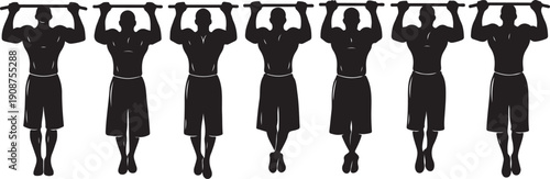 Silhouettes of people hanging from a horizontal bar together