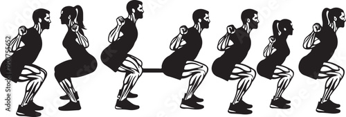 Woman performing squats with barbell in various stages motion