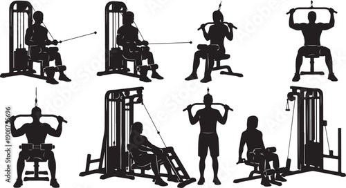 Silhouettes of people working out on gym equipment machines