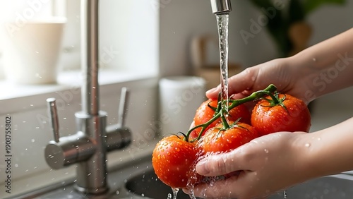 A person washing fresh tomatoes under running water in a modern kitchen sink