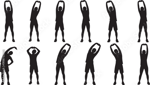 Silhouette of people doing yoga poses in a sequence