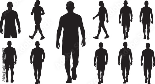 Silhouettes of people walking in various poses and directions