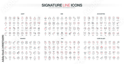 Line icon collection covers audit, B2B, accounting, finance, tax, and core values topics with modern minimal style, suitable for business and financial themes isolated vector illustration