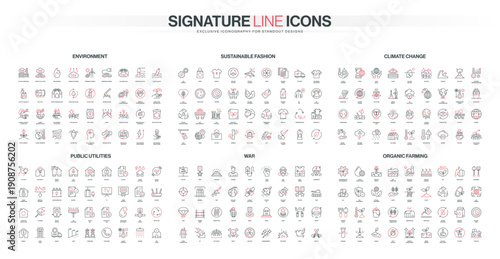 Comprehensive line icon collection covers environment, sustainable fashion, climate change, public utilities, war, and organic farming topics in a modern isolated vector illustration