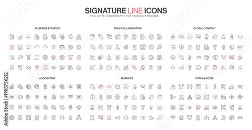 Modern line icons set covers business strategy, teamwork, global company, accounting, business operations, and data analysis concepts in a clean isolated vector illustration