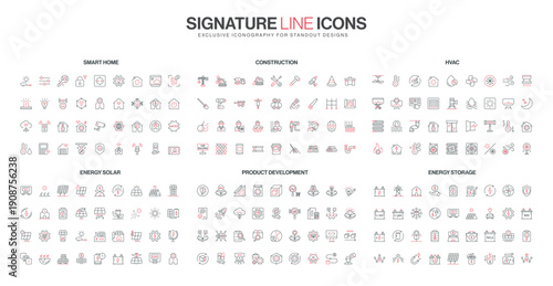 Modern line icons set covers smart home, construction, HVAC, energy solar, product development, and energy storage technology themes isolated vector illustration