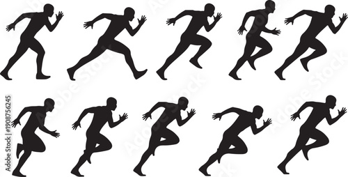Silhouettes of runners in various dynamic sprinting positions sequence