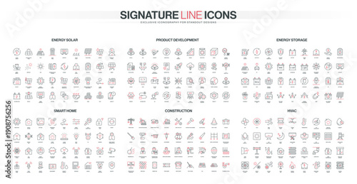 Comprehensive line icon set covers solar energy, product development, energy storage, smart home automation, construction, and HVAC technology concepts isolated vector illustration