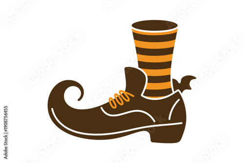 Witch's pointed shoe with striped stocking suggests magical Halloween.
