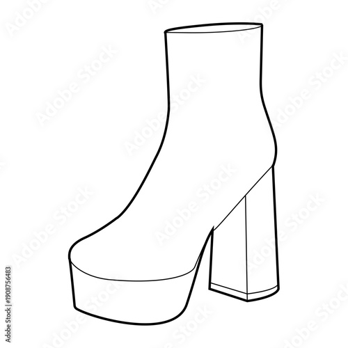 Chunky platform block ankle boot women single line pair. Oversized sole with stacked heel for cold aesthetic. Technical fashion illustration CAD mockup clean vector men unisex isolated classic style