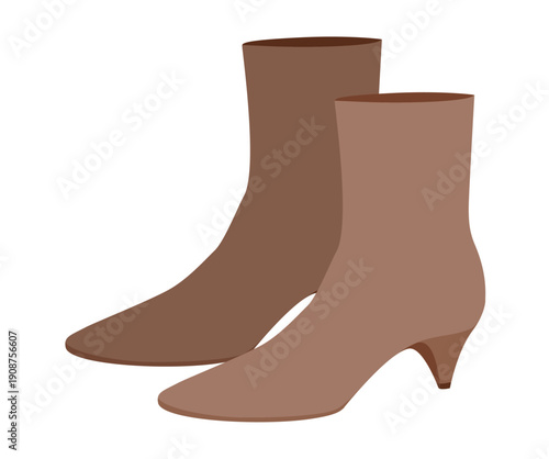 Brown curved kitten heel boot women color pair. Contoured shaft with low heel elegance, luxury event and look. Technical fashion illustration CAD mockup refined vector men unisex isolated modern style