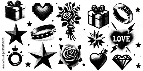 Edgy Emblem Flash, A bold black-and-white panel combining classic tattoo emblems—skulls, lightning, roses, and nautical hints—arranged as compact flash icons.