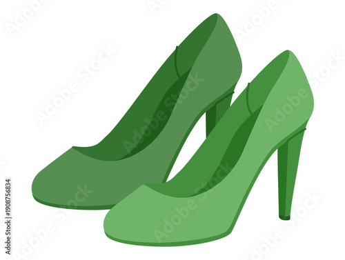 Pump women green classic heel flat pair. Elegant fashion dress footwear for evening, wedding, office outfit. Technical illustration, CAD mockup, clean vector men unisex isolated formal classic style.