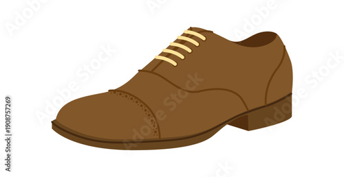 Oxford mens formal brown flat shoe. Classic closed lace up leather footwear technical illustration. Vector flat CAD mockup sketch women unisex business style outline isolated on white background.