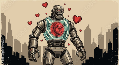 Giant Retro Robot with Anatomical Human Heart in City Skyline - Sarcastic Valentine's Day Graphic Illustration for T-shirt Design