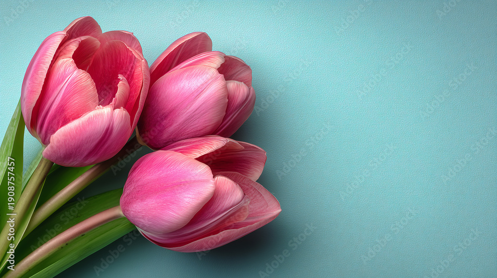 Fototapeta premium Pink Tulips on Turquoise Background with Copy Space