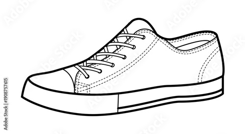 Low top canvas sneakers shoe single sketch. Easy lace footwear for skate spot, coffee run, look for man woman unisex. Technical fashion illustration, CAD mockup, clean vector isolated casual style.