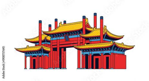 Traditional Chinese Gate Illustration with Red and Gold Accents.