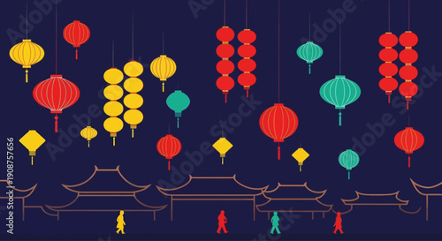 Vibrant Chinese Lanterns Illuminating Traditional Architecture at Night.