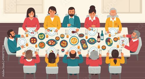 Diverse family enjoying a festive meal together at a long dining table.