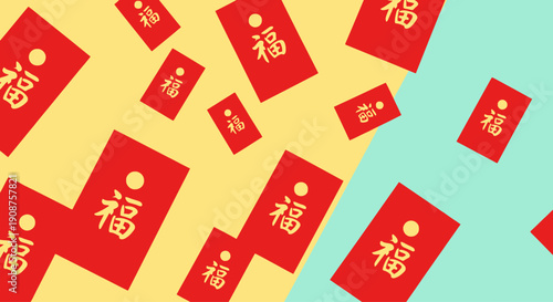 Red envelopes with Chinese character for good fortune scattered.