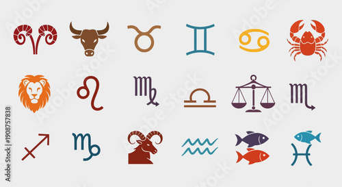 Collection of colorful zodiac signs and astrological symbols.