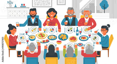 Diverse group of people enjoying a festive dinner together at a large table.