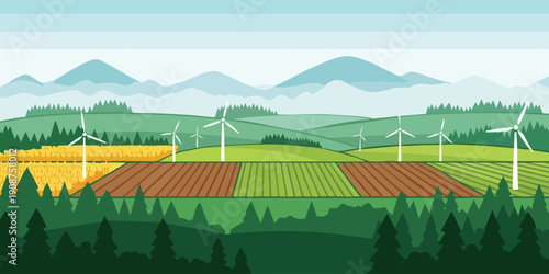 Agricultural farmland with wind turbines and layered countryside scenery. Ideal for renewable energy, sustainable farming, and green technology concepts.