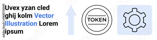Circular token, upward arrow, and gear graphic. Ideal for technology, blockchain, progress, innovation, development, technical systems simple landing page