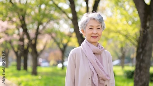 新緑が美しい春の公園で撮影された、日本人シニア女性の自然体なライフスタイル映像。
柔らかな春の自然光と背景のボケが、安心感と温かみを演出します。
健やかなシニアライフや前向きな人生観を象徴するビジュアル。