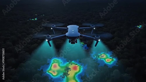 Advanced drone equipped with thermal imaging technology scanning a forest at night