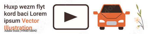 Digital content, transportation, branding, UI elements, floral design, creativity. A play button, an orange car floral detail and placeholder text. Digital content and transportation concept