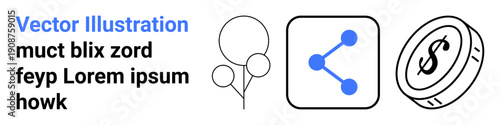 Social media, finance, celebration, connection, marketing, symbols. A sharing icon, dollar coin and balloons. Social media and finance concepts illustrated through identifiable icons