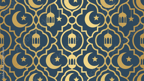 Islamic Geometric Pattern with Crescent Moons, Stars, and Lanterns - Blue and Gold Decorative Background