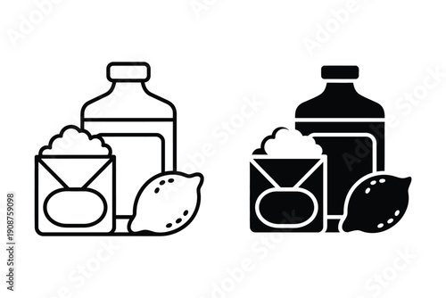Black and White Drawing of Bottle, Box, and Lemon