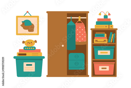 Cute Cartoon Toy Storage Bin with Doll and Picture Frame