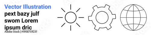 Minimal sun, gear, and globe icons in black outline. Ideal for technology, teamwork, global focus, innovation energy systems simple landing page. Line metaphor. Simple line icons
