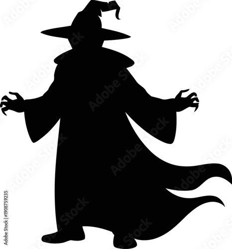 Black witch or wizard silhouette vector with pointy hat and clawed hands, Halloween costume character, isolated on white