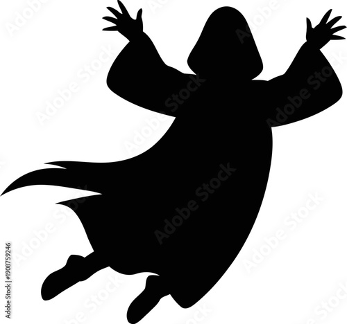 Vector black silhouette of a person in a hooded robe or cloak, floating or falling with arms raised, isolated on white