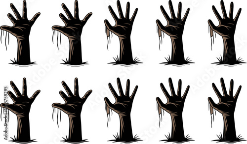 Vector set of ten dark zombie hands rising from ground with dripping goo, Halloween horror graphic element isolated on white