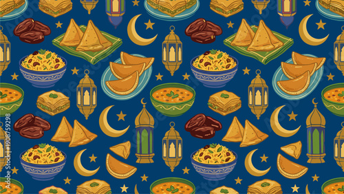 Islamic Festival Food Pattern - Ramadan Iftar Feast Seamless Background for Commercial Use