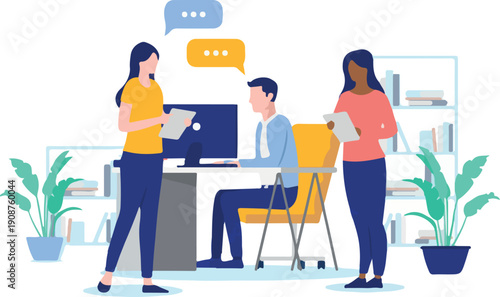 People in office talking - Three characters working with computers having discussion and verbal communication with speech bubbles. Flat design vector illustration with white background