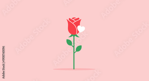 Red Rose with Green Stem and Leaves.