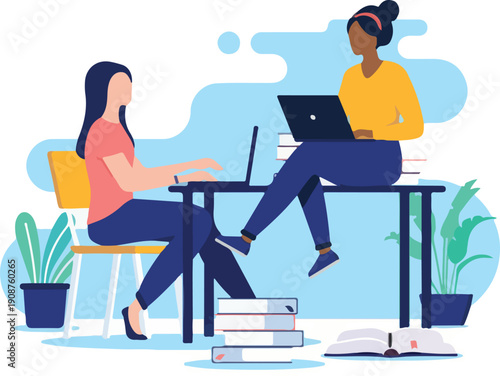 Studying friends - Two female women students working together with schoolwork at desk using laptop computers. Education concept in flat design vector illustration with white background.