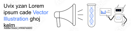 Science communication, genetic research, AI integration, data analysis, biotechnology, future innovation. A megaphone, DNA sample and robot with a screen displaying data. Science communication