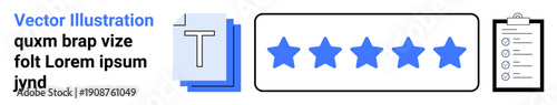 Business reviews, customer feedback, evaluation, rating systems, service quality, and opinion analysis. Blue stars, clipboard and text elements rating and evaluation ideas. Customer feedback
