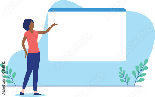  Woman standing with empty internet web browser, write your own text template. Flat design vector illustration with white background.