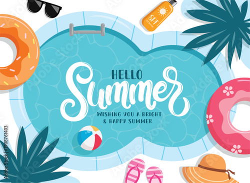 Hello Summer greeting clipart background design. Wishing and happy Summer greeting clip art in swimming pool background with tropical elements like leaves, floater, hat, sunglasses and lotion 
