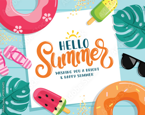 Hello Summer greeting clipart template design. Hello Summer and wishing text in white frame poster template in blue wooden background clip art with tropical elements vector illustration.
