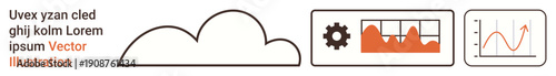 Data analysis, cloud computing, technology, statistics, information processing, trend monitoring. A cloud, a gear with chart and a data graph. Cloud computing and data analysis concept